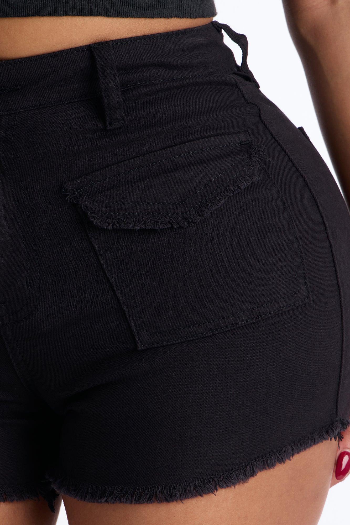 Call The Shots Stretch Denim Cut Off Shorts - Black Female Product Image