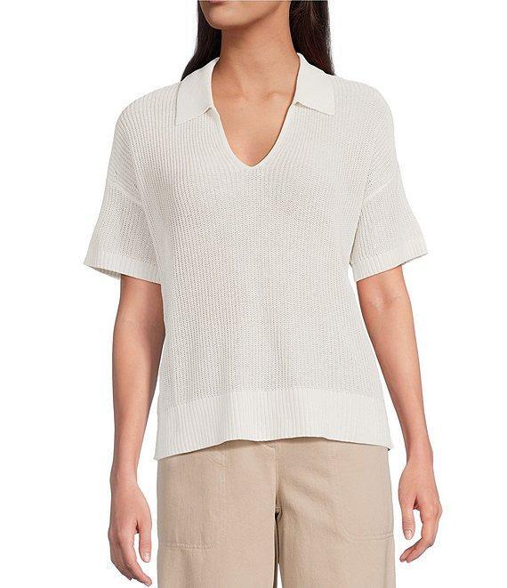 Eileen Fisher Organic Cotton Blend Open Weave Collar V-Neck Short Sleeve Top Product Image