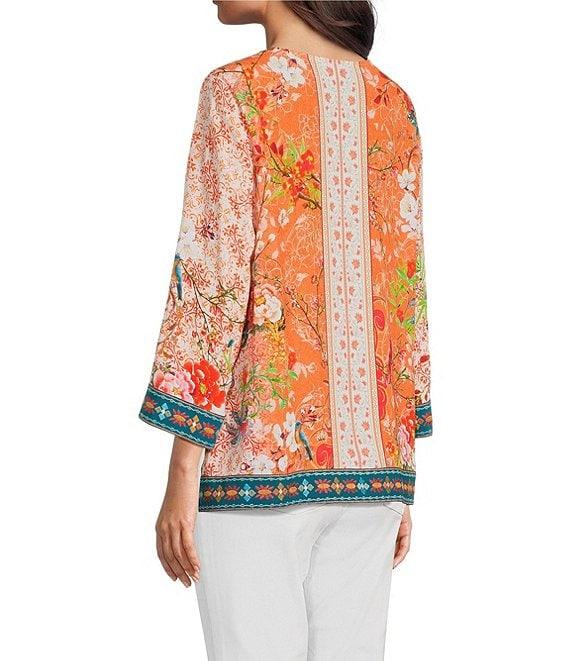 John Mark Embroidered Printed V-Neck 3/4 Sleeve Top Product Image