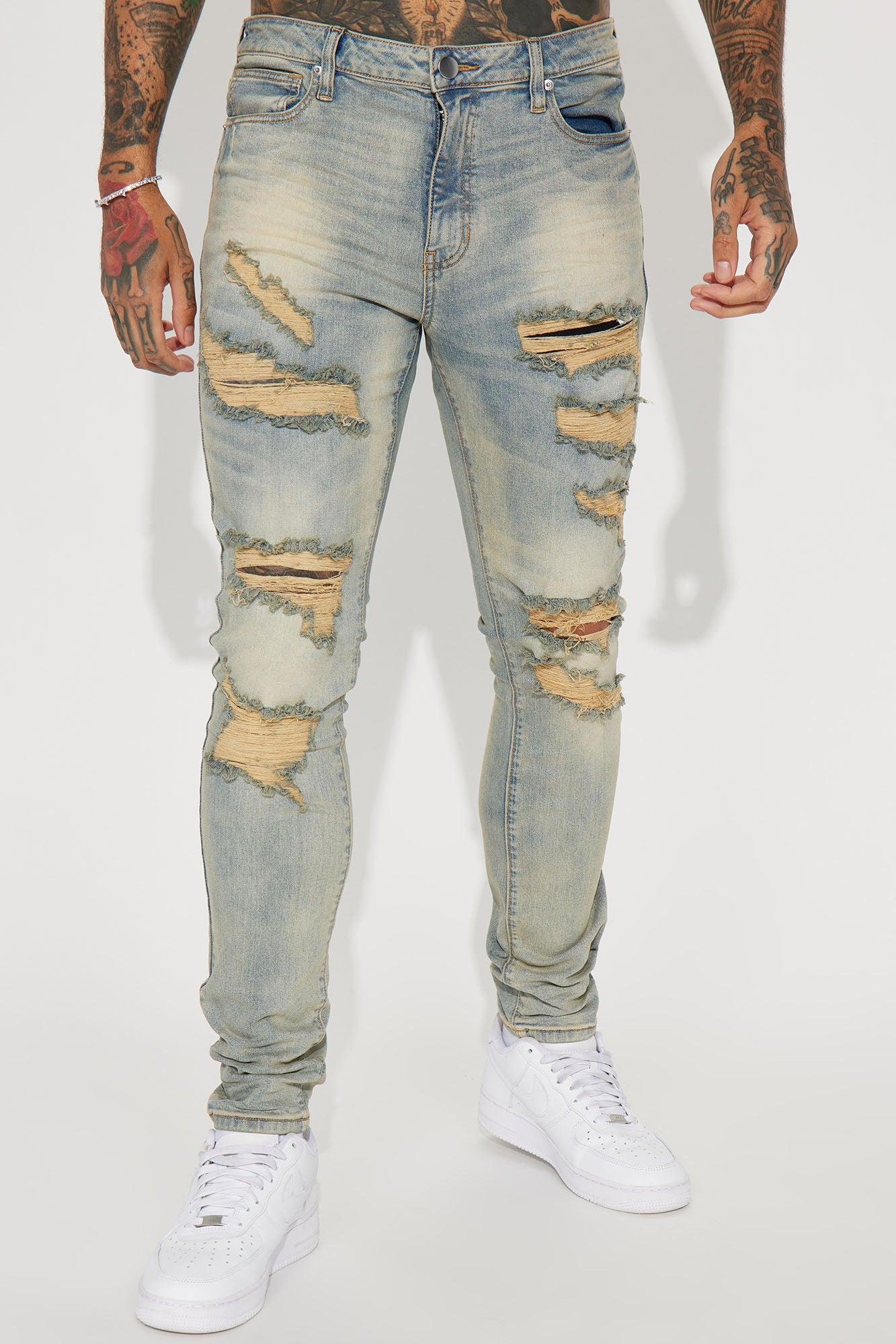 Out Of Control Destroyed Vintage Stacked Skinny Jeans - Vintage Blue Wash Product Image