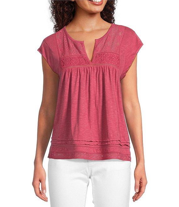 Lucky Brand Knit Lace V-Neck Short Sleeve Top Product Image