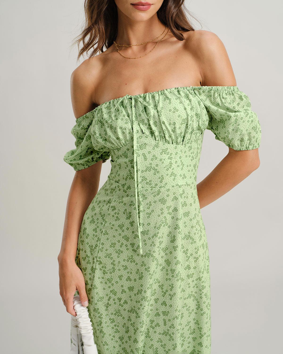 Green Floral Square Neck Puffed Sleeve Midi Dress Product Image