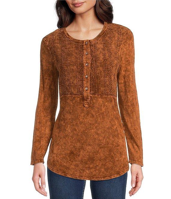 Reba Sadie Mix Media Henley Neck Long Sleeve Mineral Wash Shirt Product Image