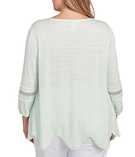 Ruby Rd. Plus Size Knit Scoop Neck 3/4 Bishop Sleeve Lace Trim Scallop Hem Top Product Image
