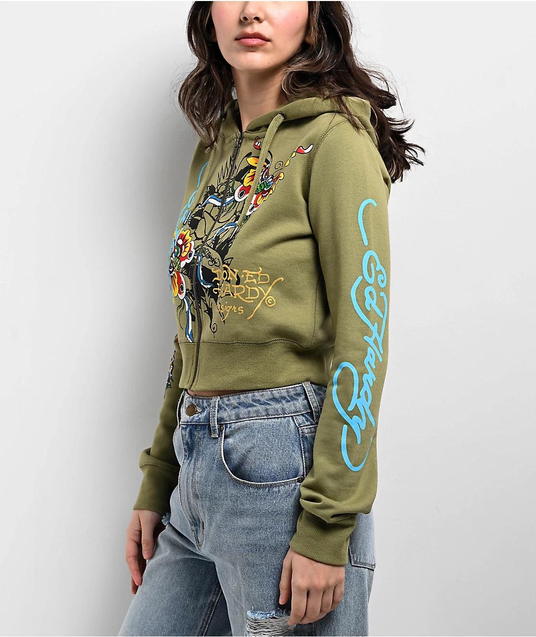 Ed Hardy Butterflies Y2K Olive Crop Zip Hoodie Product Image