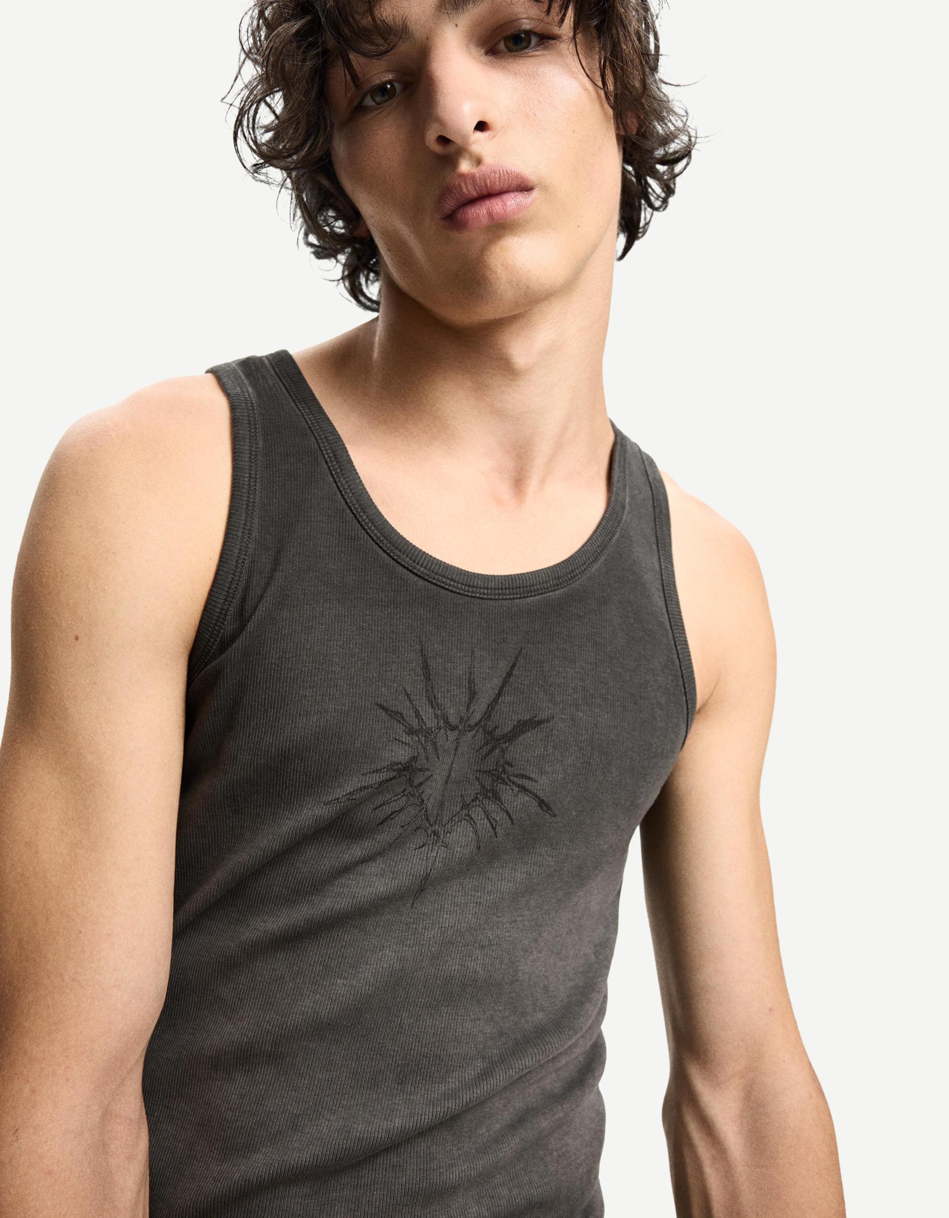 Ribbed printed T-shirt with straps Product Image