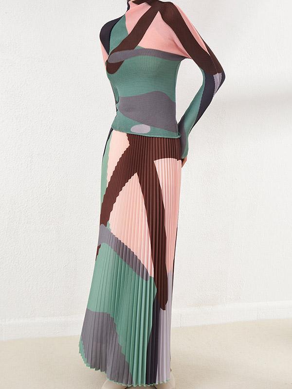 A-Line Loose Contrast Color Pleated Skirts Bottoms Product Image