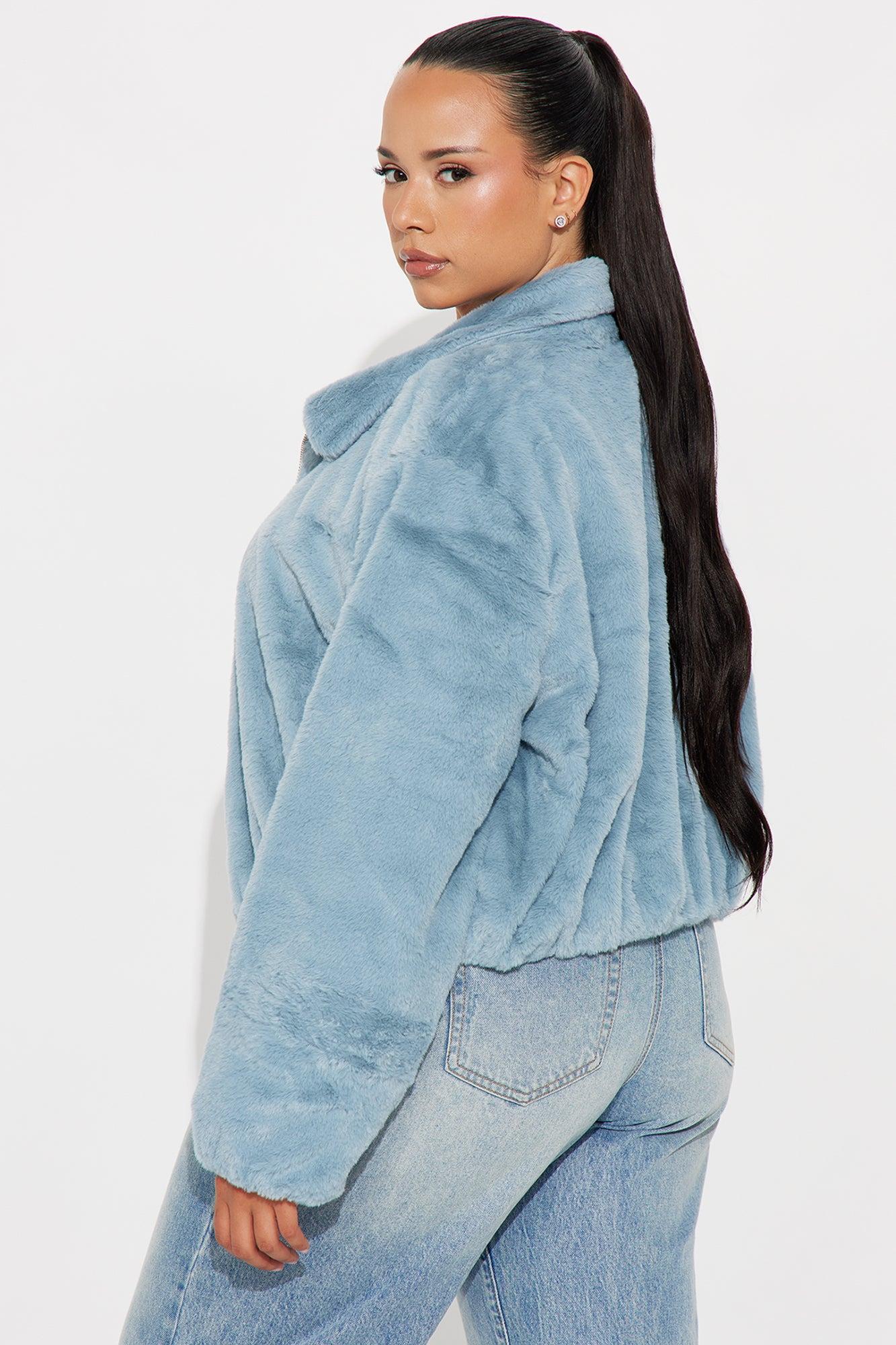 By My Side Faux Fur Bomber Jacket - Slate Blue Female Product Image