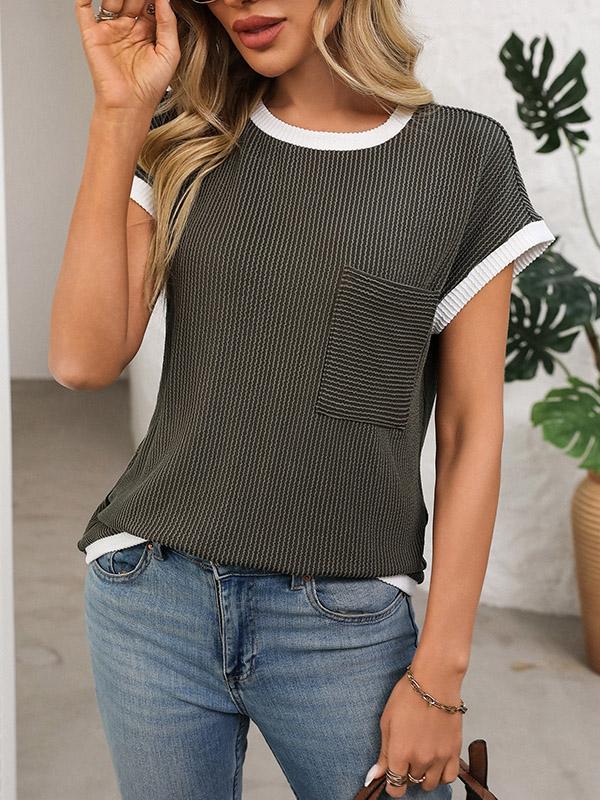 Loose Short Sleeves Colorful Contrast Color Pockets Round-neck T-Shirts Tops Product Image