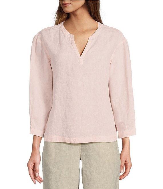 L.L.Bean Linen Split Round Neck Long Sleeve Blouse Product Image
