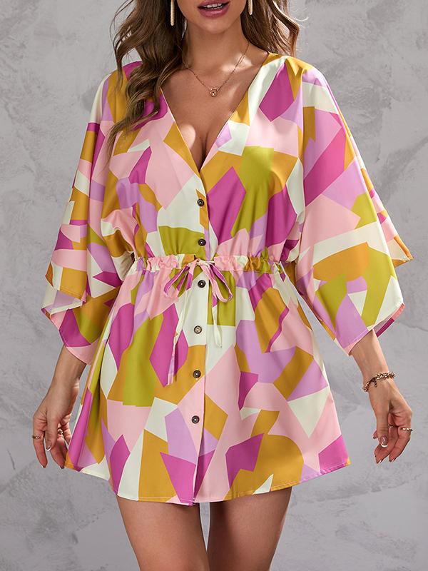 A-Line Half Sleeves Buttoned Drawstring Printed V-Neck Mini Dresses Product Image