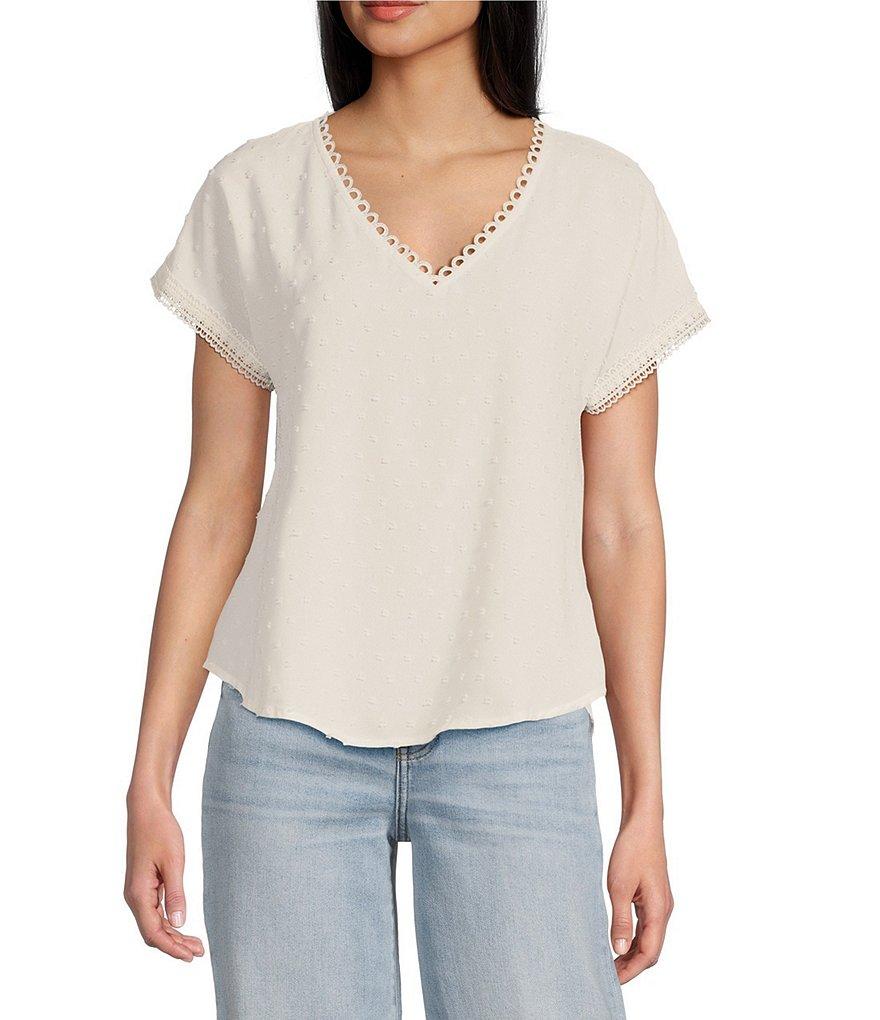 Blu Pepper Short Sleeve V-Neck Scallop Lace Trim Top Product Image
