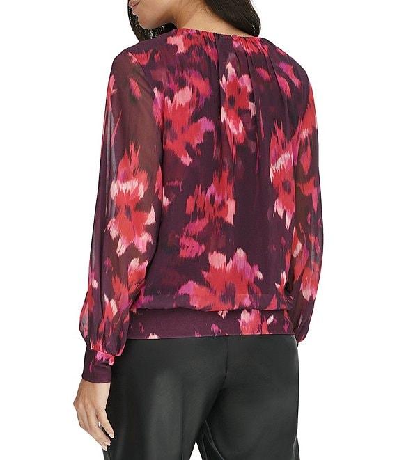 Calvin Klein Floral Chiffon Crew Neck Long Sleeve Banded Hemline Top Product Image