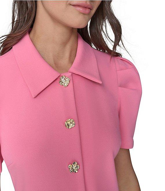 KARL LAGERFELD PARIS Scuba Crepe Point Collar Neck Short Sleeve Button Front Shirt Mini Dress Product Image