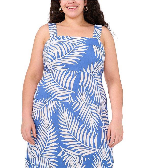 Vince Camuto Plus Size Tropical Palm Print Square Neck Sleeveless Maxi Shift Dress Product Image