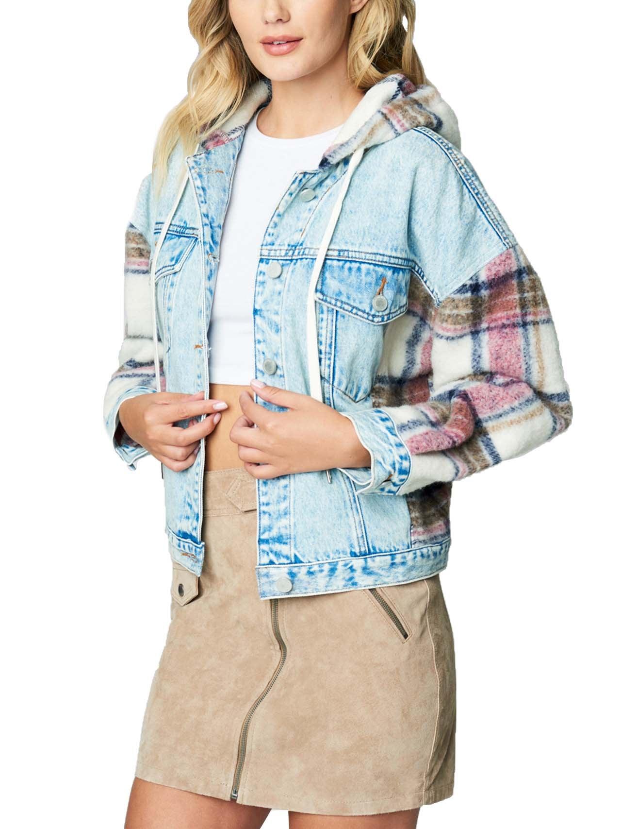 Hooded Denim & Plaid Patchwork Jacket Product Image