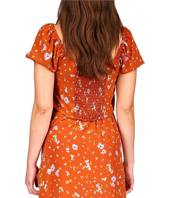 Sanctuary Drawing Closer Floral Print Textured Woven Drawstring Front V-Neck Short Puff Sleeve Cropped Coordinating Top Product Image