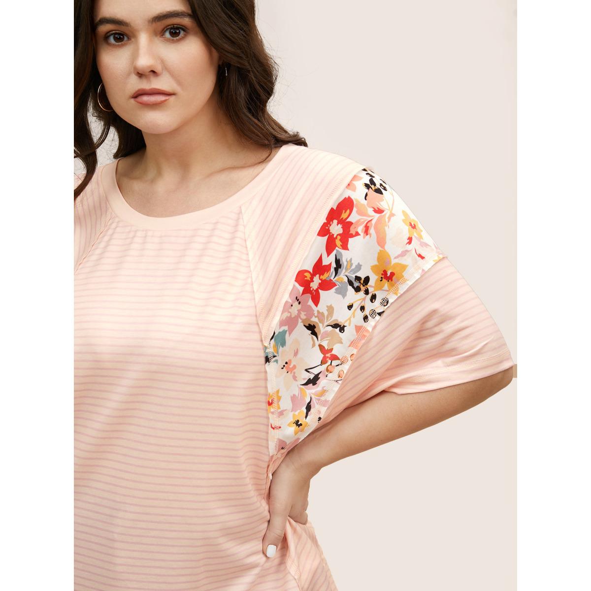 Plus Size Crew Neck Striped Patchwork Floral Print T-shirt MistyRose Women Casual Contrast Natural Flowers Round Neck Everyday T-shirts BloomChic 30/6X Product Image