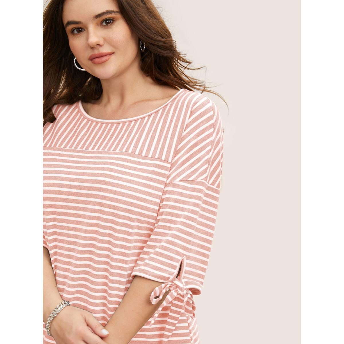 Plus Size Striped Boat Neck Tie Knot T-shirt Nudepink Women Casual Tie knot Boat Neck Everyday T-shirts BloomChic 28/5X Product Image