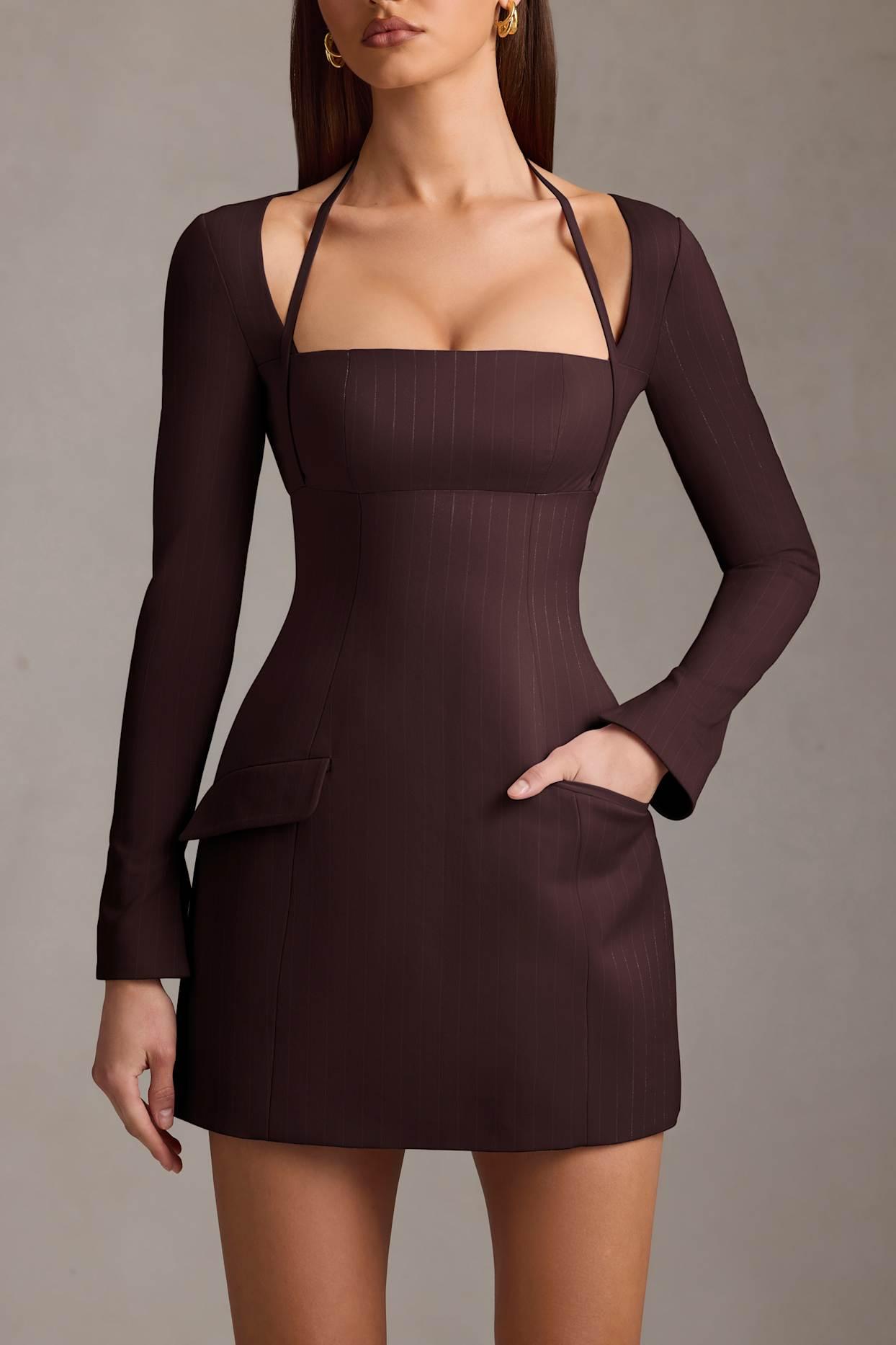 Pinstripe Structured A-Line Mini Dress in Chocolate Brown Product Image