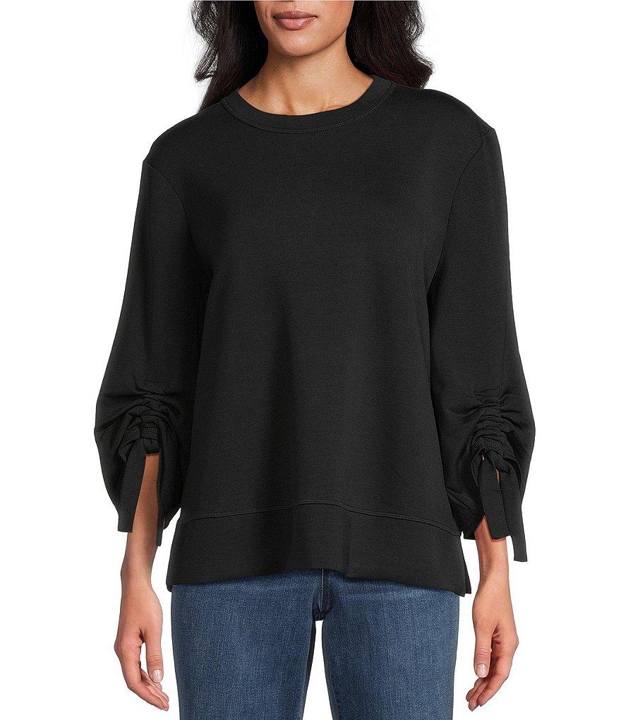 Westbound Petite Size Printed Ruched Sleeve Crew Neck Top Product Image