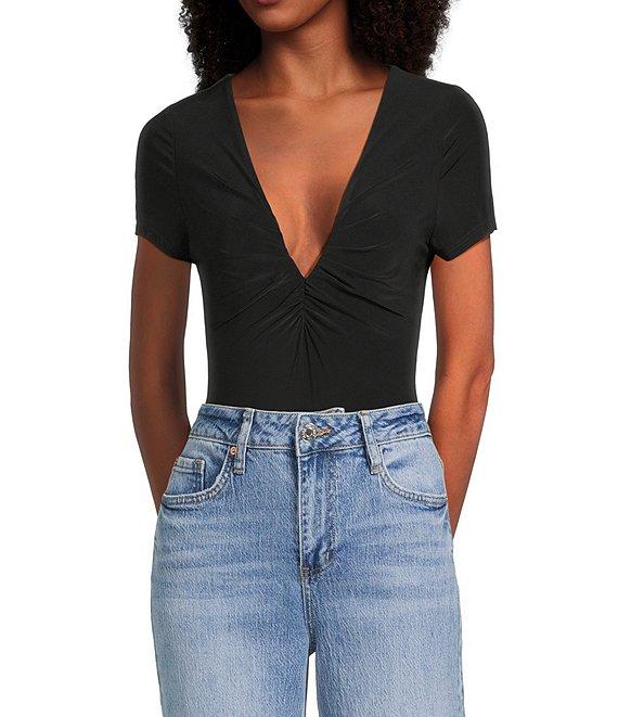 Moa Moa Short Sleeve V-Neck Ruched Bodysuit Product Image
