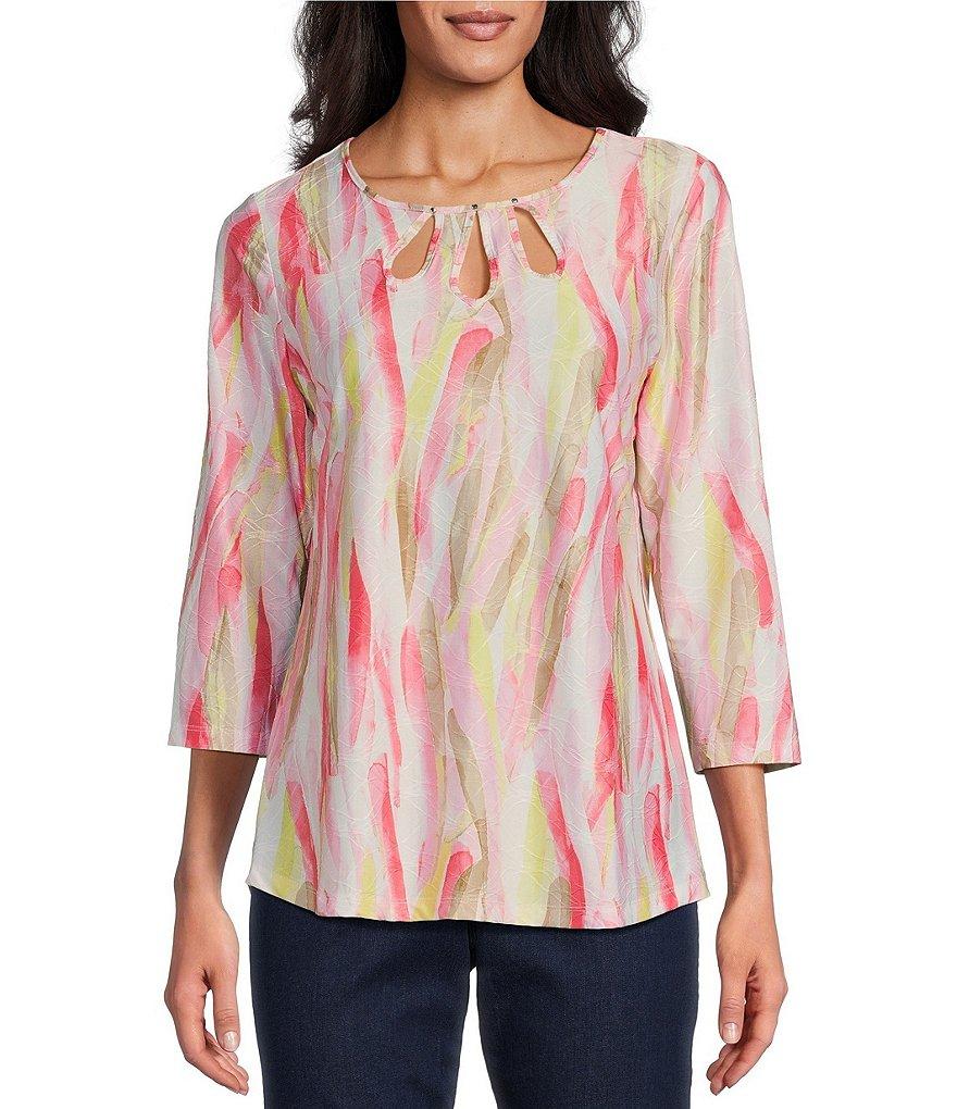 Allison Daley Brushed Fun Stripe Print 3/4 Sleeve Triple Keyhole Neck Knit Top Product Image