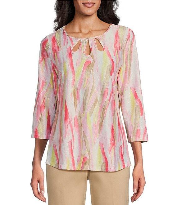 Allison Daley Brushed Fun Stripe Print 3/4 Sleeve Triple Keyhole Neck Knit Top Product Image