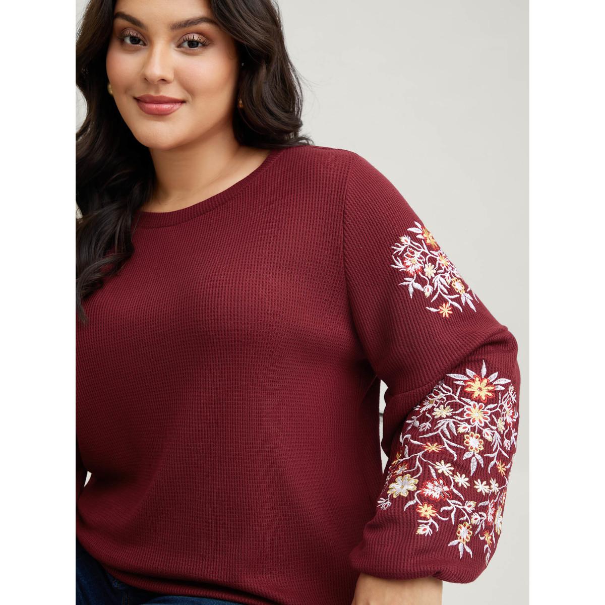 Plus Size Waffle Knit Floral Embroidered Lantern Sleeve T-shirt Burgundy Women Leisure Texture Floral Round Neck Casual T-shirts BloomChic 22-24/3X Product Image