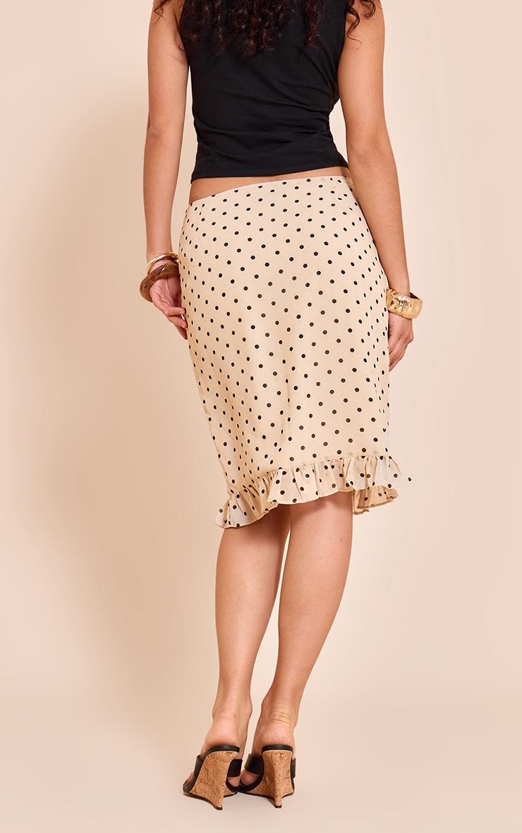 Beige Polka Dot Chiffon Ruffle Hem Midi Skirt Product Image