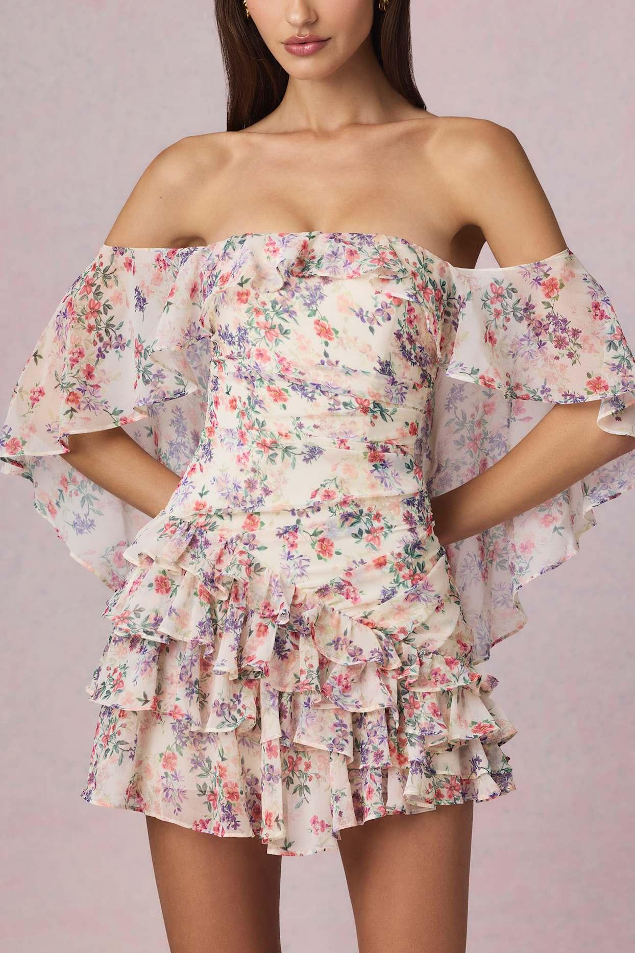 Off-Shoulder Ruffled Mini Dress in Primrose Floral Print Product Image