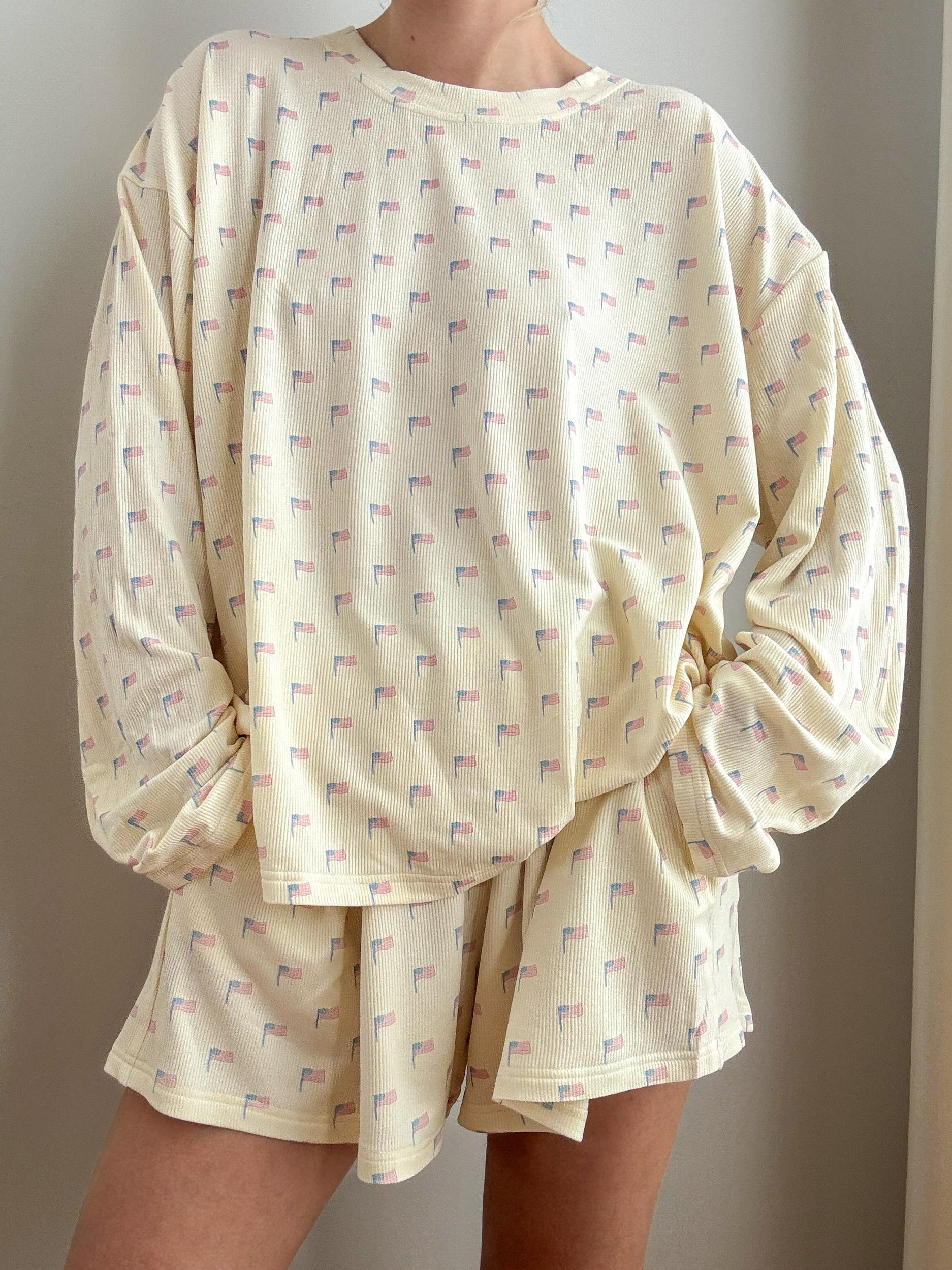 Pale Yellow American Flag Pajama Pattern Top Product Image