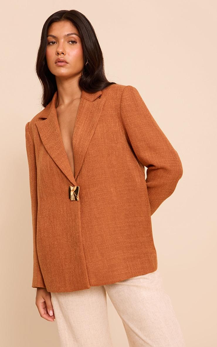 Rust Button Detail Linen Look Boxy Blazer Product Image