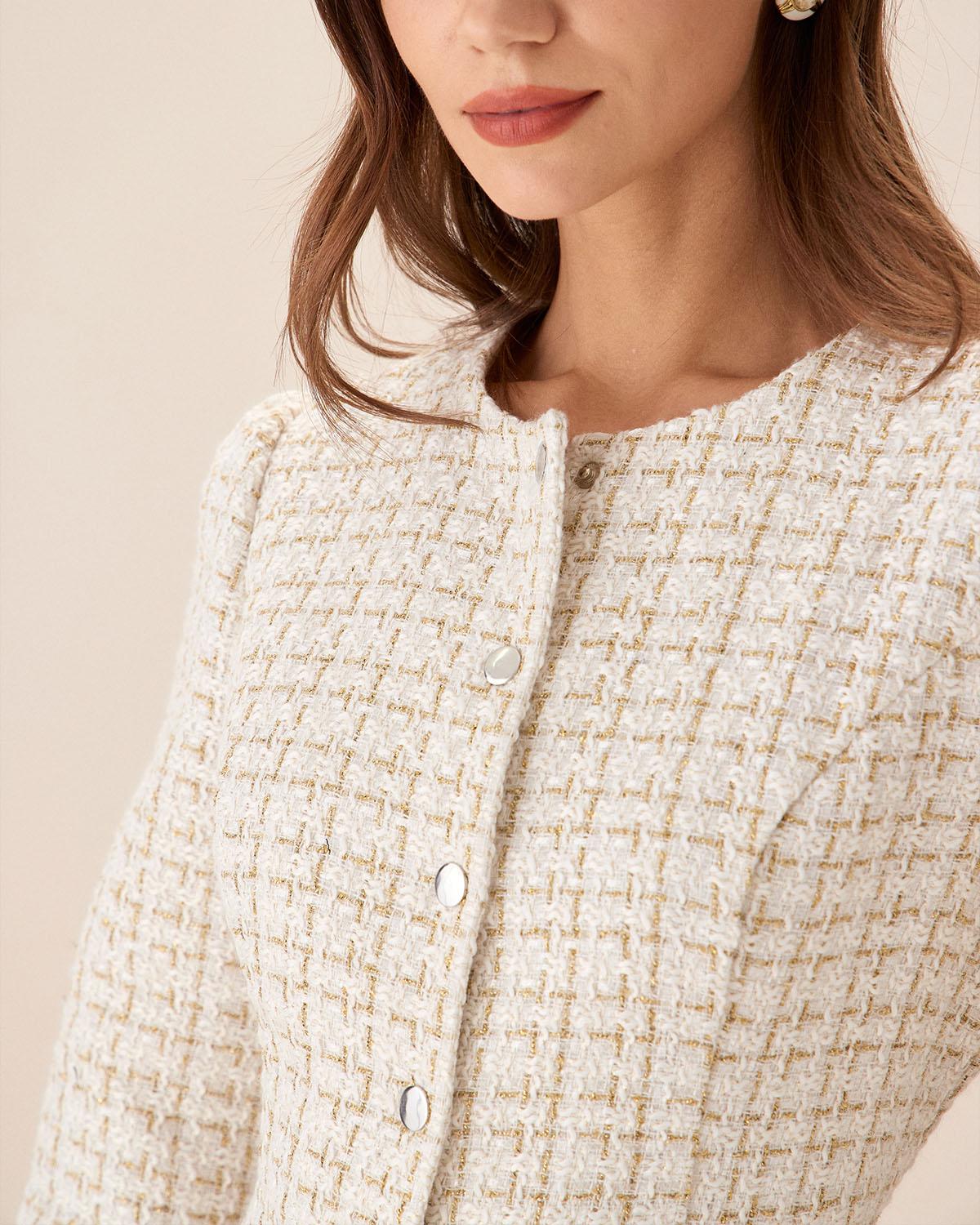 White Square Neck Tweed Mini Dress Product Image