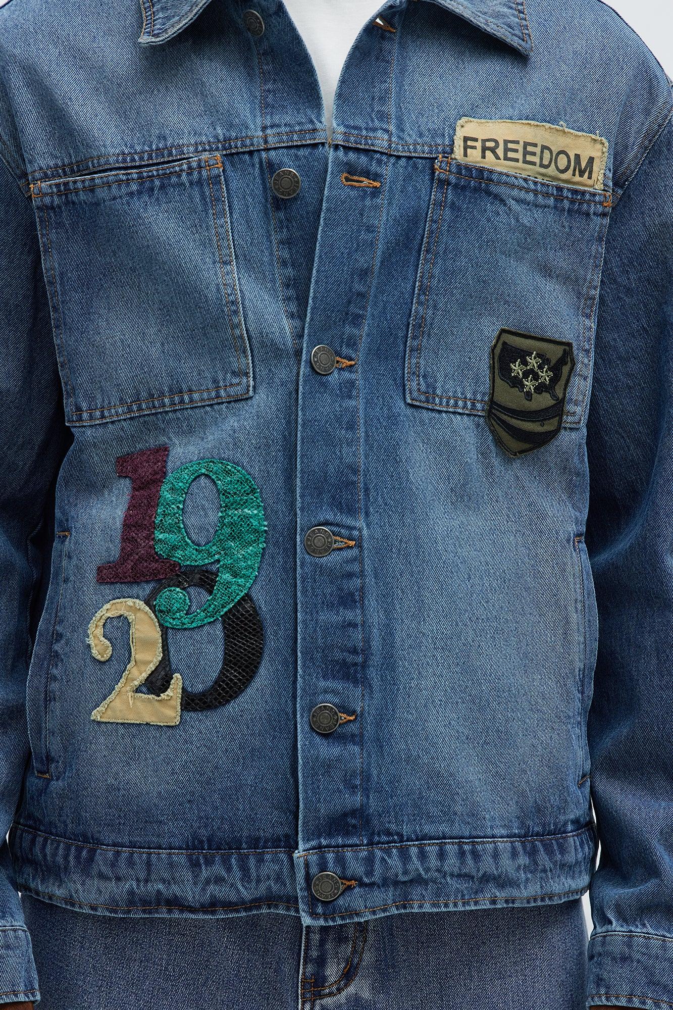 Been About It Freedom Patched Trucker Jacket - Medium Blue Wash Male Product Image