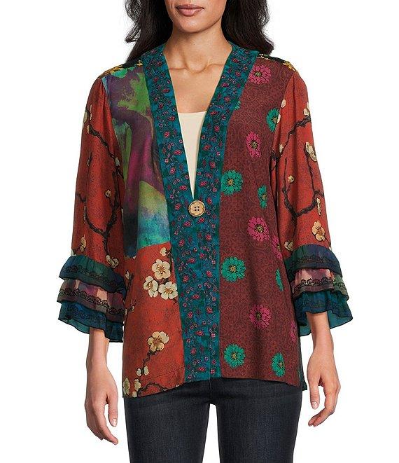 John Mark Embroidered Mixed Print 3/4 Ruffled Tiered Sleeve One Button Front Kimono Product Image