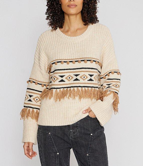 Driftwood Geometric 3D Tassel Pom-Pom Knit Crew Neck Long Sleeve Pullover Sweater Product Image