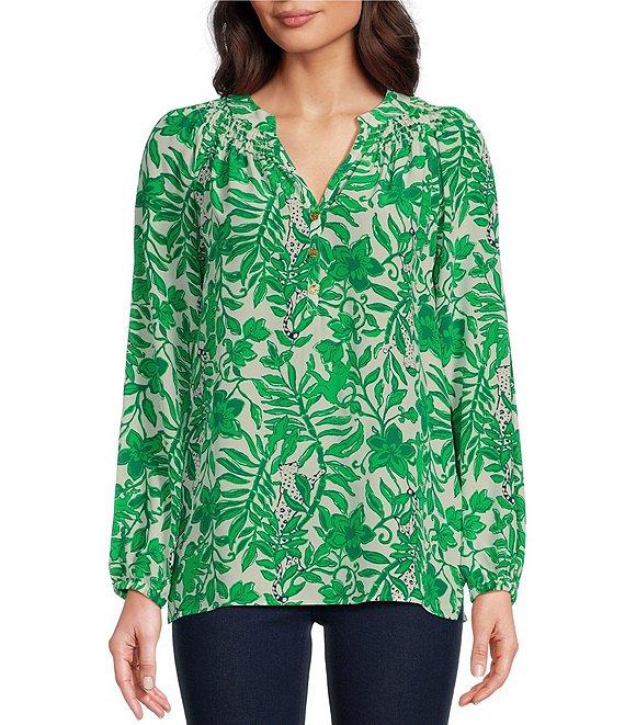 Lilly Pulitzer Elsa Silk Leaf Print V-Neck Button Front Bracelet Sleeve Top Product Image