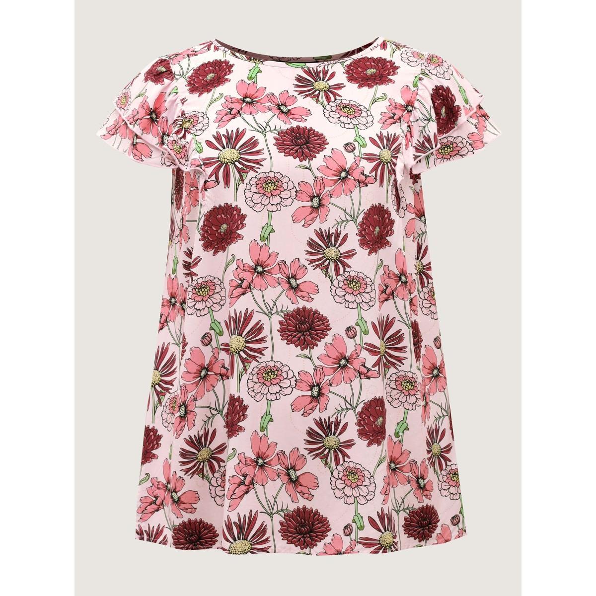Plus Size Lightpink Large Floral Print Layered Sleeve Blouse Women Cap Sleeve Round Neck Everyday-Elegant Blouses BloomChic 28/5X Product Image