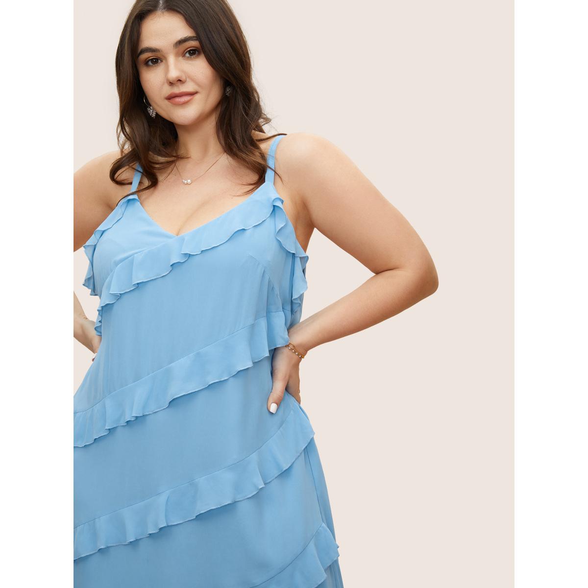 Plus Size V Neck Ruffle Trim Elastic Waist Cami Dress LightBlue Women Formal Ruffles Non Sleeveless Curvy BloomChic 10/M Product Image