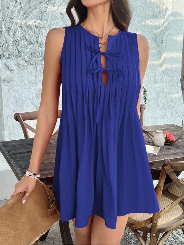 A-Line Loose Pleated Solid Color Tied Round-Neck Mini Dresses Vest Top Product Image