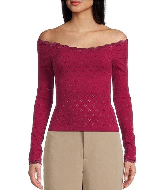 Evolutionary Pointelle Lace Off-The-Shoulder Long Sleeve Top Product Image