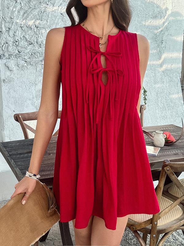 A-Line Loose Pleated Solid Color Tied Round-Neck Mini Dresses Vest Top Product Image