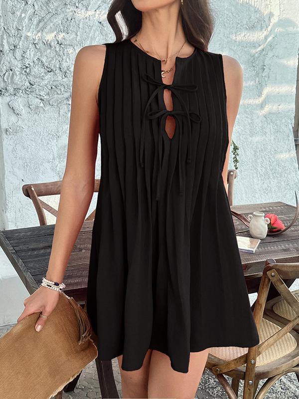 A-Line Loose Pleated Solid Color Tied Round-Neck Mini Dresses Vest Top Product Image