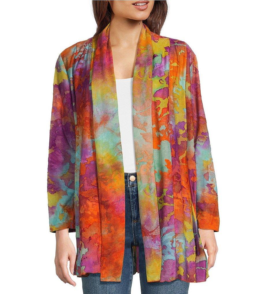 Calessa Petite Size Burnout Tie-Dye Open-Front Knit Cardigan Product Image