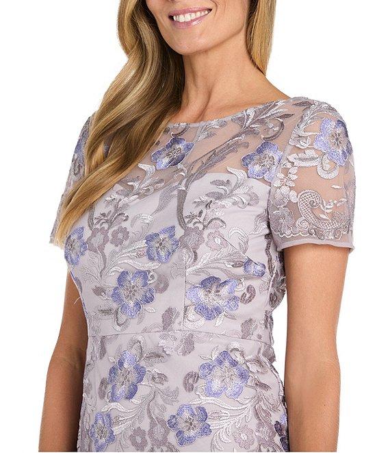 R & M Richards Short Sleeve Illusion Crew Neck Floral Embroidered Flounce Hem Sheath Dress Product Image