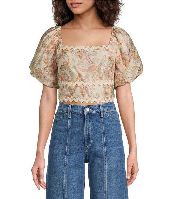 Skies Are Blue Paisley Print Square Neck Short Puff Sleeve Crop Top Product Image