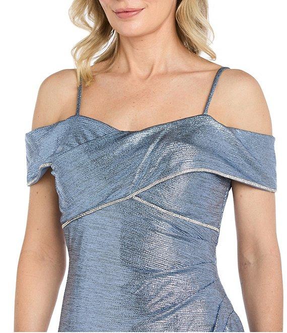 R & M Richards Rhinestone Trim Banded Cold Shoulder Side Drape Dress Product Image