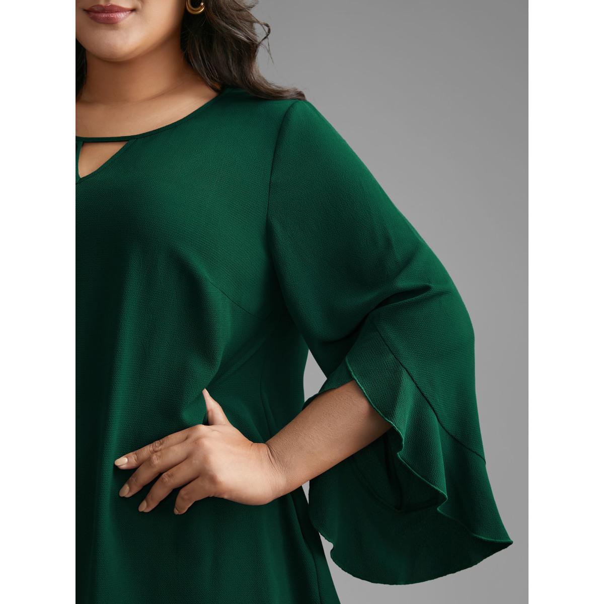 Plus Size Emerald Solid Keyhole Ruffle Sleeve Blouse Women Elegant Extra Long Sleeve Round Neck Everyday Blouses BloomChic 12/L Product Image