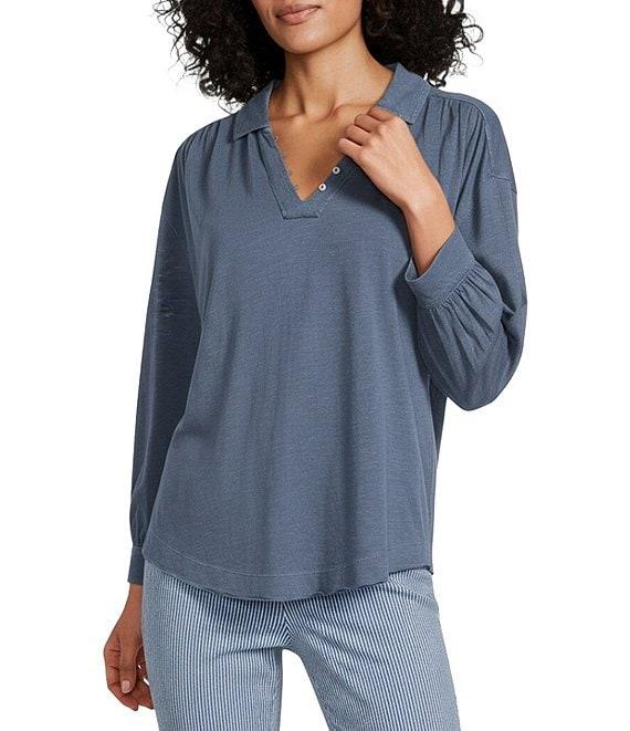 Westbound 3/4 Sleeve V Neck Collared Slub Knit Top Product Image